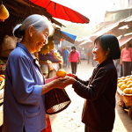 **Image Prompt:** A bustling Vietnamese market scene. An elderly woman is smiling and handing a small bag of fruit to a younger person, who is returning the smile. Golden sunlight illuminates the scene, highlighting the vibrant colors of the market stalls and the genuine warmth of the interaction. This should convey "Spreading Love, Receiving Happiness".