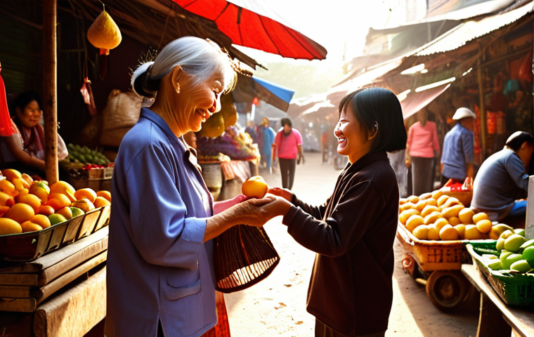 **Image Prompt:** A bustling Vietnamese market scene. An elderly woman is smiling and handing a small bag of fruit to a younger person, who is returning the smile. Golden sunlight illuminates the scene, highlighting the vibrant colors of the market stalls and the genuine warmth of the interaction. This should convey "Spreading Love, Receiving Happiness".