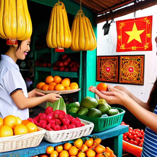Home 25 Trust in Commerce**
Prompt: A vibrant Vietnamese marketplace scene. A friendly vendor, "Cô Ba," is honestly presenting her goods (perhaps fresh fruits or woven crafts) to a customer. The focus is on the genuine smile and open exchange, symbolizing trust and transparency in local business. The lighting should be warm and inviting, showcasing the positive atmosphere of a trustworthy transaction.
**