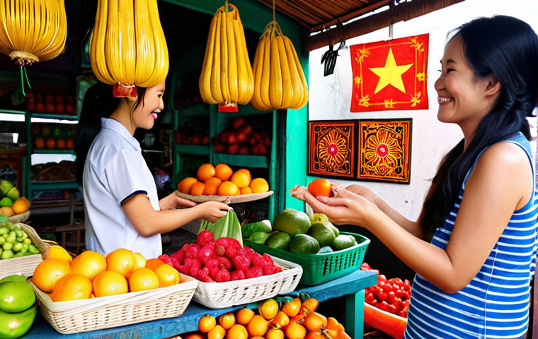 Trust in Commerce**

Prompt: A vibrant Vietnamese marketplace scene. A friendly vendor, "Cô Ba," is honestly presenting her goods (perhaps fresh fruits or woven crafts) to a customer. The focus is on the genuine smile and open exchange, symbolizing trust and transparency in local business. The lighting should be warm and inviting, showcasing the positive atmosphere of a trustworthy transaction.

**