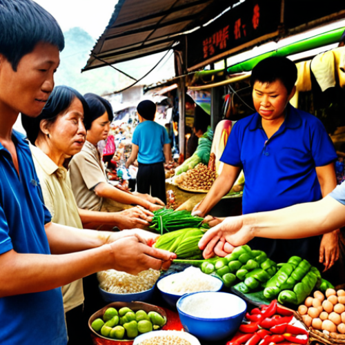 Home 23 **Image:** A diverse group of people, including business owners and customers, engaging in a barter exchange at a local market in Vietnam. The scene should convey trust, respect, and collaboration, highlighting the benefits of reciprocity in small business. Focus on the vibrancy of a typical Vietnamese market.