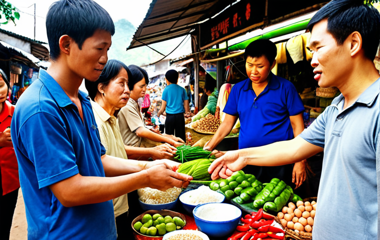 **Image:** A diverse group of people, including business owners and customers, engaging in a barter exchange at a local market in Vietnam. The scene should convey trust, respect, and collaboration, highlighting the benefits of reciprocity in small business. Focus on the vibrancy of a typical Vietnamese market.