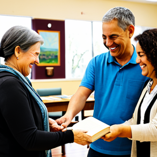 Home 22 A diverse group of adults, fully clothed in modest, comfortable attire, happily engaging in a community exchange event. They are in a bright, inviting community center, with tables showcasing various items like books, potted plants, and handmade crafts. One person is gently handing a book to another, smiling warmly. The atmosphere is friendly and cooperative, emphasizing connection and mutual support. This image promotes a family-friendly environment, safe for work, with appropriate content. Features include perfect anatomy, correct proportions, natural poses, well-formed hands, proper finger count, natural body proportions, and high-quality professional photography.