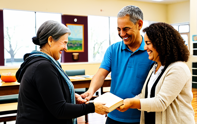 A diverse group of adults, fully clothed in modest, comfortable attire, happily engaging in a community exchange event. They are in a bright, inviting community center, with tables showcasing various items like books, potted plants, and handmade crafts. One person is gently handing a book to another, smiling warmly. The atmosphere is friendly and cooperative, emphasizing connection and mutual support. This image promotes a family-friendly environment, safe for work, with appropriate content. Features include perfect anatomy, correct proportions, natural poses, well-formed hands, proper finger count, natural body proportions, and high-quality professional photography.