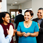A diverse group of adults, fully clothed in modest, professional attire, are gathered in a modern, well-lit community hub. They are engaged in a positive and collaborative exchange, with some people smiling and interacting naturally around a central shared item, demonstrating trust and connection. The background features warm, inviting tones and blurred elements of a busy, friendly environment. Professional photography, high resolution, soft natural lighting. safe for work, appropriate content, fully clothed, family-friendly, perfect anatomy, correct proportions, natural pose, well-formed hands, proper finger count, natural body proportions.