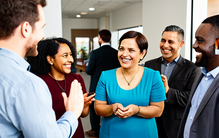 A diverse group of adults, fully clothed in modest, professional attire, are gathered in a modern, well-lit community hub. They are engaged in a positive and collaborative exchange, with some people smiling and interacting naturally around a central shared item, demonstrating trust and connection. The background features warm, inviting tones and blurred elements of a busy, friendly environment. Professional photography, high resolution, soft natural lighting. safe for work, appropriate content, fully clothed, family-friendly, perfect anatomy, correct proportions, natural pose, well-formed hands, proper finger count, natural body proportions.