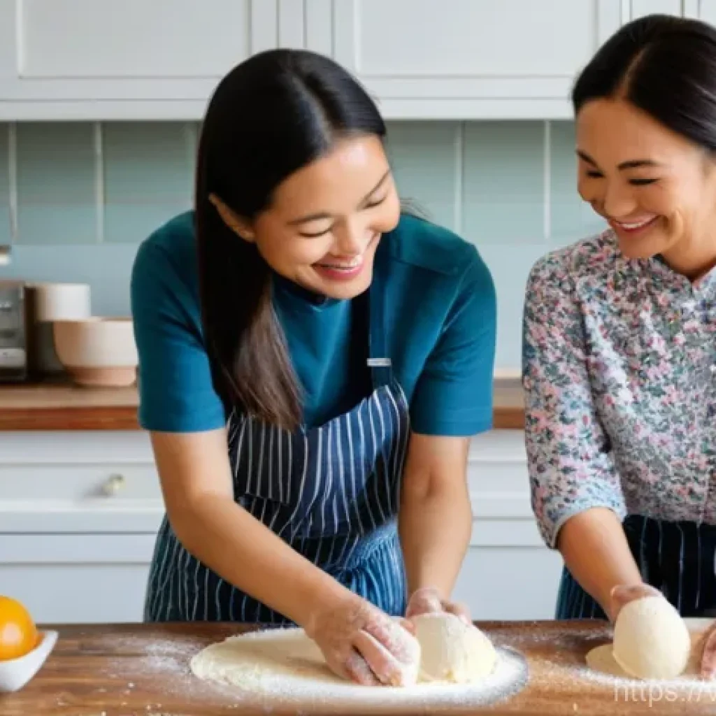 호혜적 교환 시스템의 경험 공유 플랫폼 - **Prompt:** A vibrant, well-lit kitchen scene where two women, one in her late 20s and another in he...