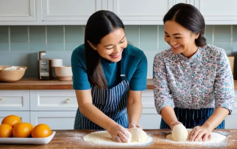 호혜적 교환 시스템의 경험 공유 플랫폼 - **Prompt:** A vibrant, well-lit kitchen scene where two women, one in her late 20s and another in he...