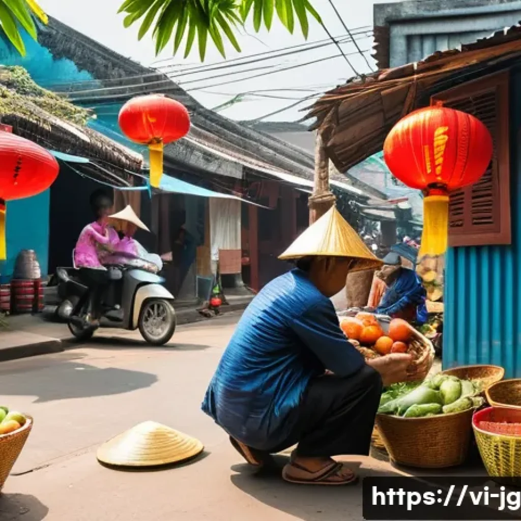 호혜적 교환 시스템과 지역 경제 - A vibrant Vietnamese neighborhood scene showing diverse community members engaging in mutual support...