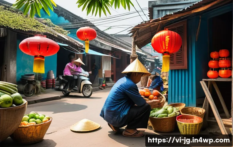 호혜적 교환 시스템과 지역 경제 - A vibrant Vietnamese neighborhood scene showing diverse community members engaging in mutual support...