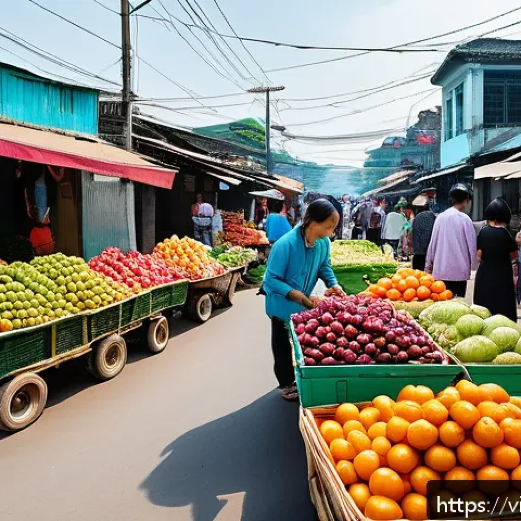 전통적 경제와 호혜적 교환 시스템의 차이 - A vibrant Vietnamese community market scene illustrating traditional economic exchange: diverse vend...