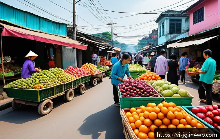 전통적 경제와 호혜적 교환 시스템의 차이 - A vibrant Vietnamese community market scene illustrating traditional economic exchange: diverse vend...