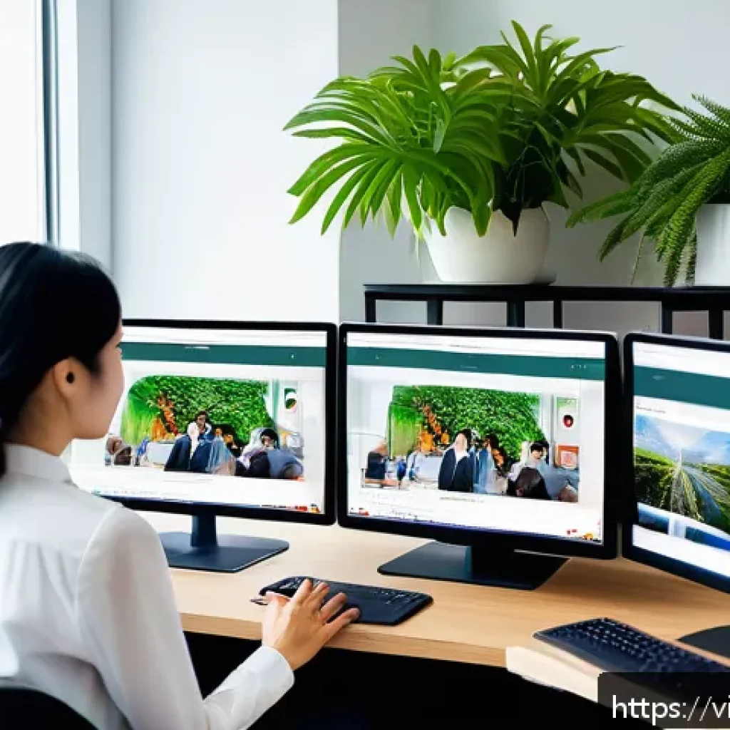 호혜적 교환 시스템의 협업 툴 - A modern Vietnamese office environment with diverse employees collaborating using Slack on multiple ...