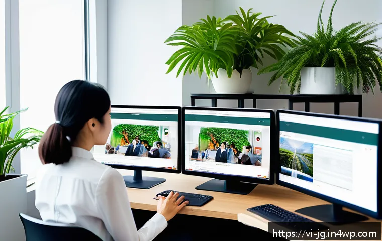 호혜적 교환 시스템의 협업 툴 - A modern Vietnamese office environment with diverse employees collaborating using Slack on multiple ...