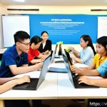 Home 21 호혜적 교환 시스템의 사회적 가치 측정 방법 - A vibrant community workshop scene in Vietnam, showing a diverse group of adults and young people ac...