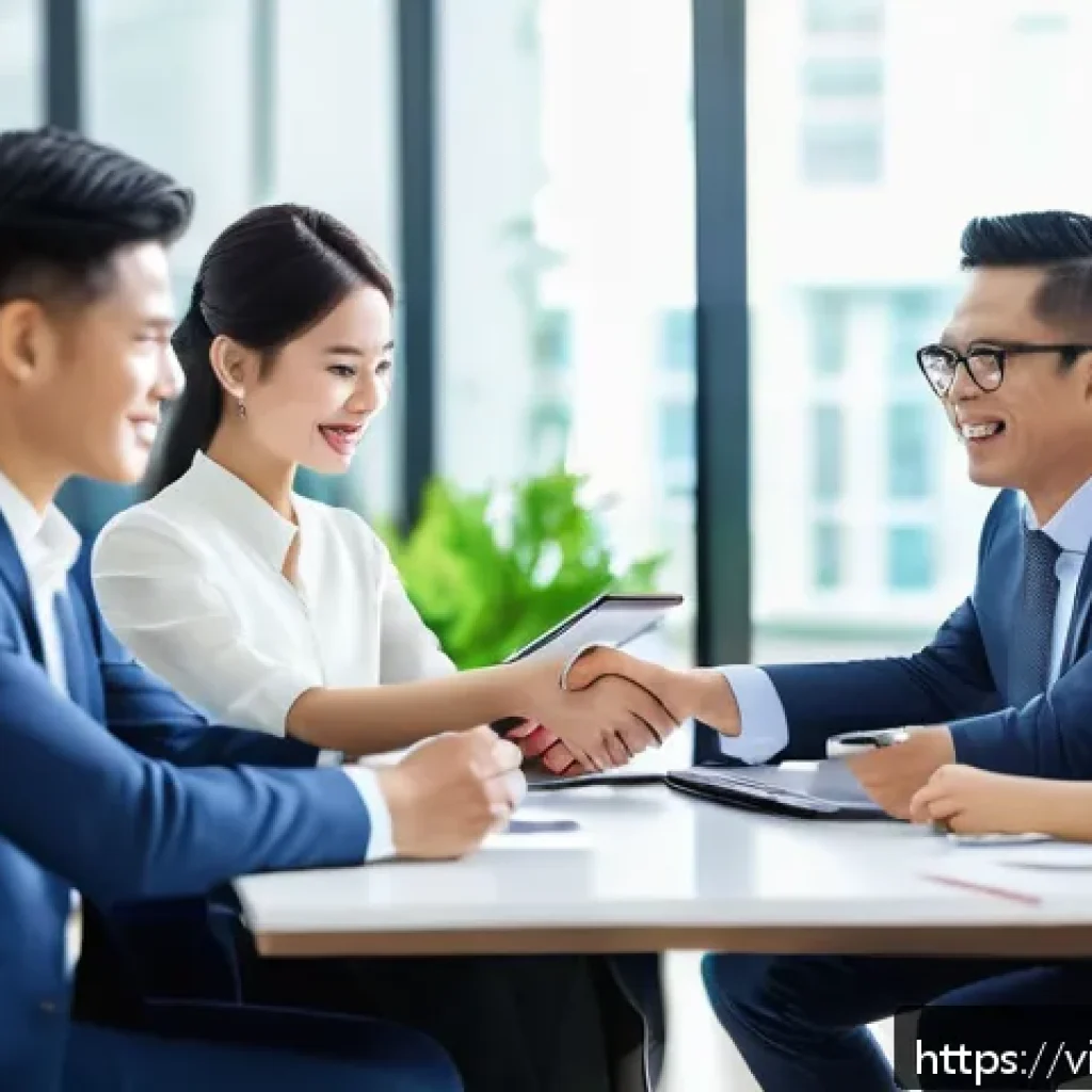 호혜적 교환 시스템의 비즈니스 기회 창출 - A modern Vietnamese business meeting scene in a bright office with diverse professionals shaking han...