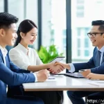 Home 20 호혜적 교환 시스템의 비즈니스 기회 창출 - A modern Vietnamese business meeting scene in a bright office with diverse professionals shaking han...