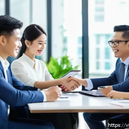Home 32 호혜적 교환 시스템의 비즈니스 기회 창출 - A modern Vietnamese business meeting scene in a bright office with diverse professionals shaking han...