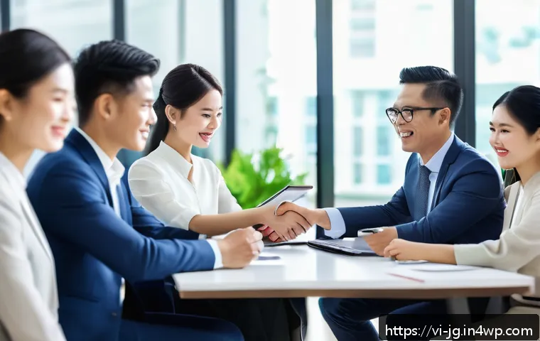 호혜적 교환 시스템의 비즈니스 기회 창출 - A modern Vietnamese business meeting scene in a bright office with diverse professionals shaking han...