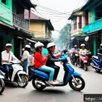 Home 19 호혜적 교환 시스템의 공유 플랫폼 성공 사례 - A vibrant Hanoi street scene featuring a diverse community sharing motorbikes. People are wearing ca...