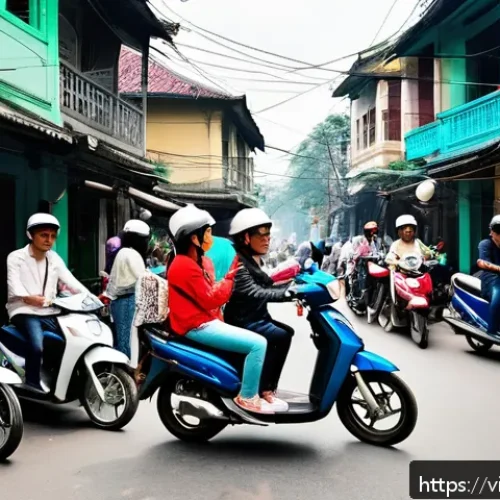 Home 31 호혜적 교환 시스템의 공유 플랫폼 성공 사례 - A vibrant Hanoi street scene featuring a diverse community sharing motorbikes. People are wearing ca...