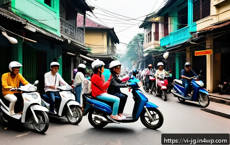 호혜적 교환 시스템의 공유 플랫폼 성공 사례 - A vibrant Hanoi street scene featuring a diverse community sharing motorbikes. People are wearing ca...