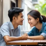 Home 18 호혜적 교환 시스템의 감정적 가치 창출 - A warm, intimate scene showing two Vietnamese friends sitting in a cozy café in Hanoi, deeply engage...
