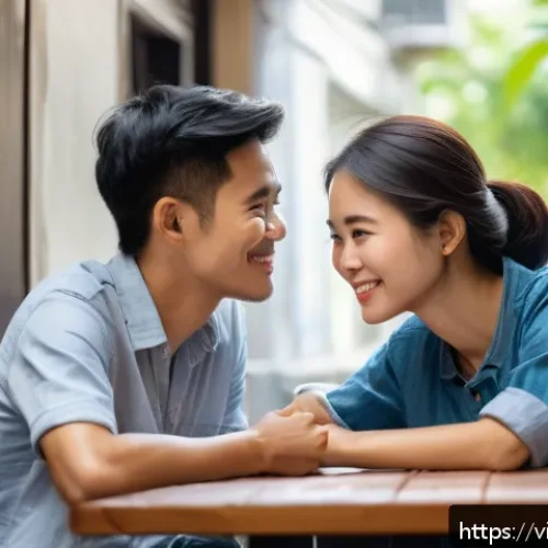 Home 30 호혜적 교환 시스템의 감정적 가치 창출 - A warm, intimate scene showing two Vietnamese friends sitting in a cozy café in Hanoi, deeply engage...