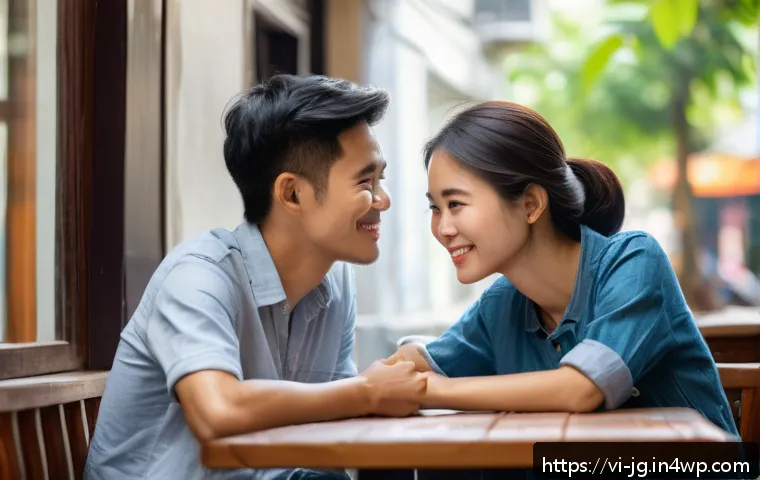 호혜적 교환 시스템의 감정적 가치 창출 - A warm, intimate scene showing two Vietnamese friends sitting in a cozy café in Hanoi, deeply engage...