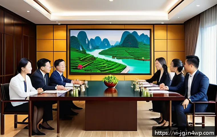 호혜적 교환 시스템의 성공 전략 - A professional Vietnamese business meeting scene in a modern office, diverse group of Vietnamese bus...