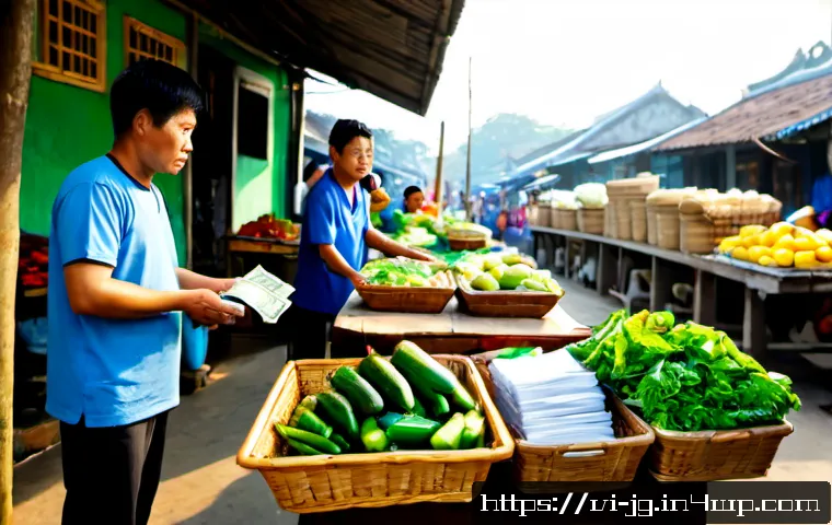 Home 30 호혜적 교환 시스템의 위험 요소 - Photorealistic Vietnamese neighborhood market scene showing the risk of informal reciprocal exchange...