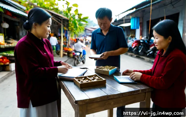 Home 17 호혜적 교환 시스템의 시장 분석 - Photorealistic market analysis scene in a Vietnamese neighborhood, two small business owners exchang...