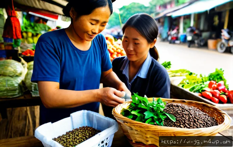 Home 17 호혜적 교환 시스템에서의 가치 교환 메커니즘 - Photorealistic morning scene at a Vietnamese neighborhood market, an elderly vegetable grower and a ...