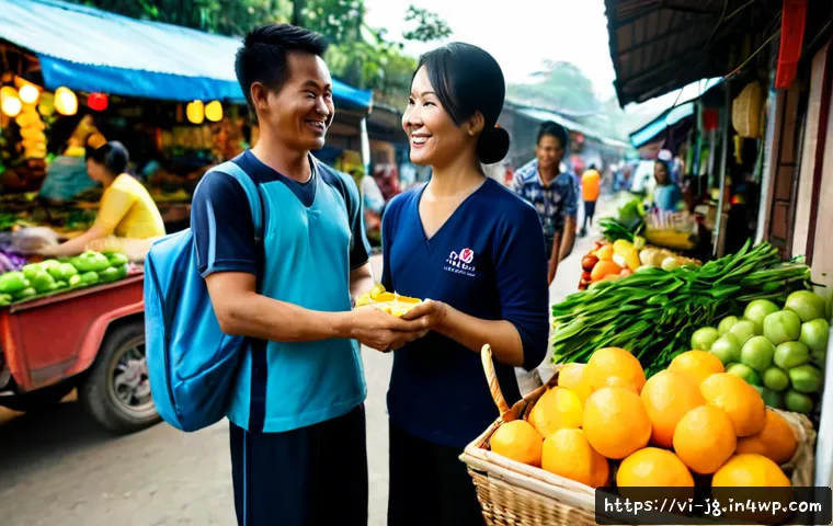 Home 17 호혜적 교환 시스템의 마케팅 전략 - Photorealistic Vietnamese neighborhood market scene showing reciprocal exchange marketing, a friendl...