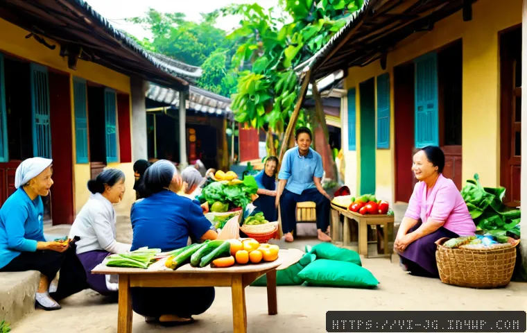 Home 17 호혜적 교환 시스템의 커뮤니티 구축 - Photorealistic community exchange scene in a Vietnamese neighborhood courtyard, a diverse group of a...